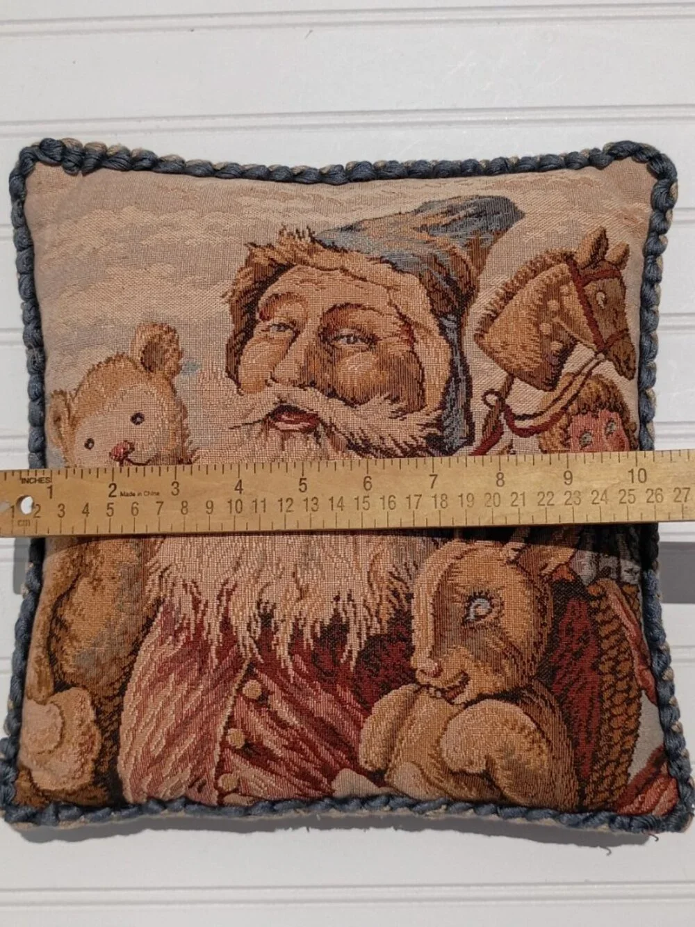 Vintage Tapestry Throw Pillow Santa Claus Old World Christmas Decor Folk Art Vtg